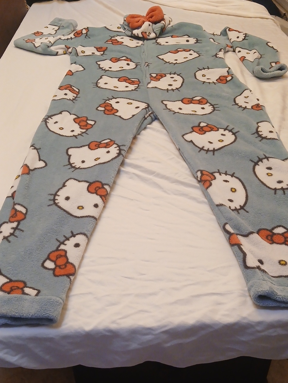 Hello Kitty Blue Plush Hooded One-Piece Pajamas with Orange Bow Accents
